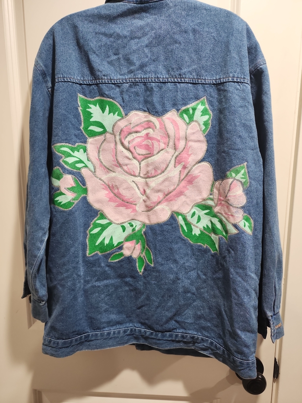 Vintage Hunters Run Hand Painted Rose Denim Jacket Oversized Floral Art Size L